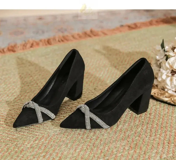 Chunky Heel Pointed Toe Rhinestone Suede High-heeled Shoes Women Block Heel Pumps LADYLYS