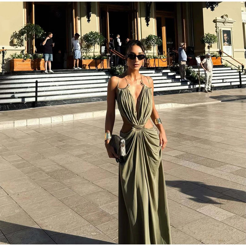 Deep V Cutout Ruched Maxi Gown – Spaghetti Strap Sleeveless Evening Dress
