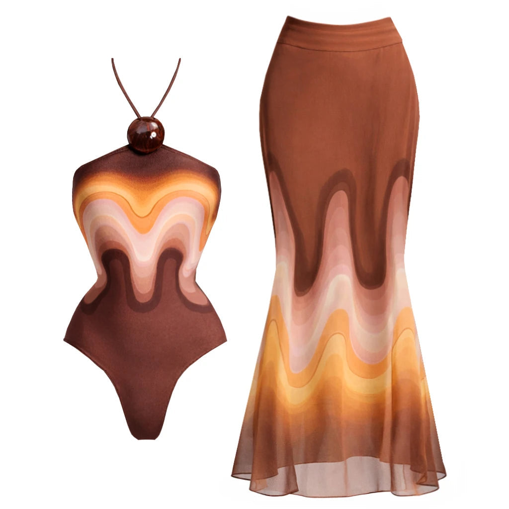 Set Halter Swimsuit Sexy Women Bikini Push Up Swimwear Long Skirt Cover Up LADYLYS