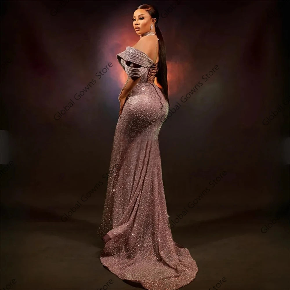Aso Ebi Luxury Silver Lace Beaded Evening Dresses LADYLYS