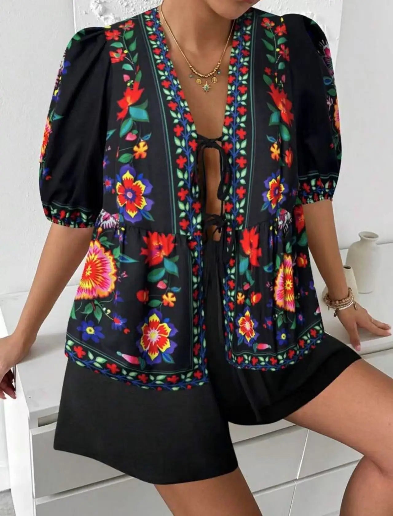 Printed Cardigan Short-sleeved Top Shorts 2-piece Set LADYLYS
