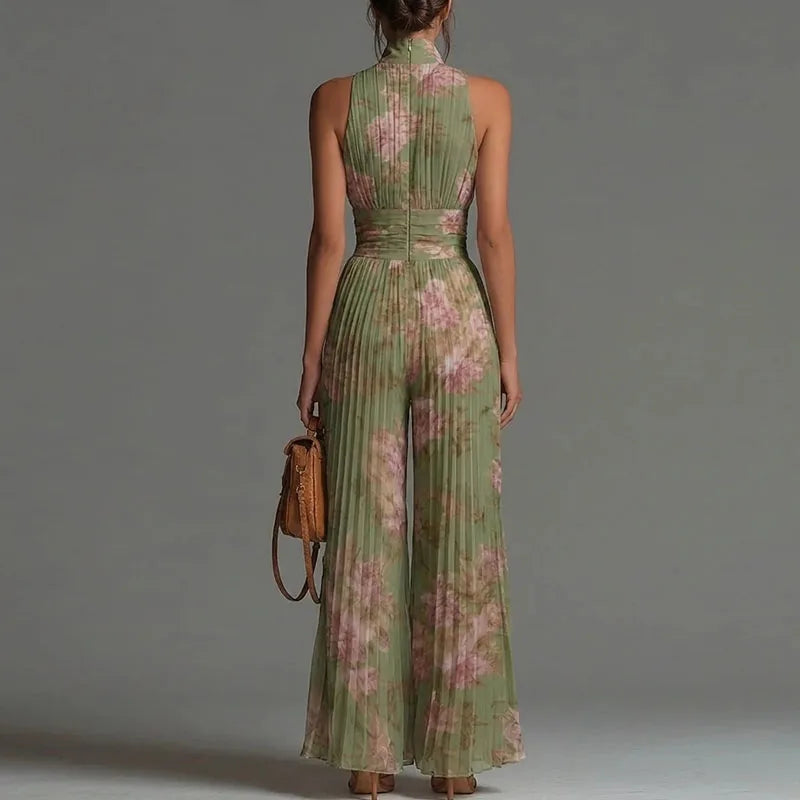 Elegant Chiffon Sleeveless Jumpsuit High Waist Pleated Flowy Wide Leg LADYLYS