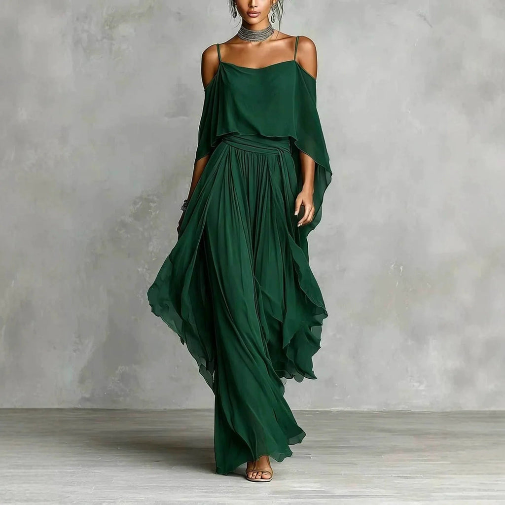 Summer Fashion Solid Chiffon Dress Elegant Off Shoulder Strap Bat Sleeve High Waist Long Dress Women Wedding Guest Outfits LADYLYS
