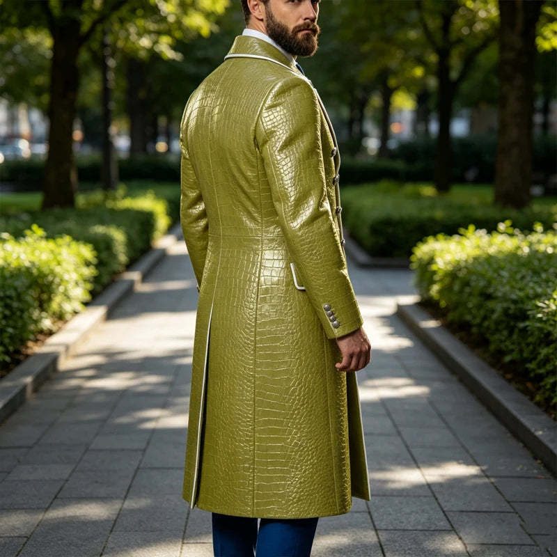 Men's Croc-Embossed Faux Leather Double-Breasted Overcoat with Contrast White Lapels