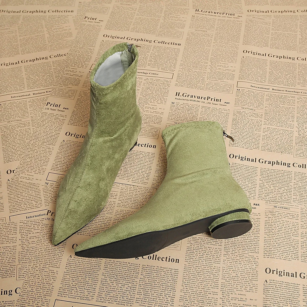 Women's Faux Suede Pointed Toe Mid-Calf Boots – Warm Flannel Lining, Low Heel