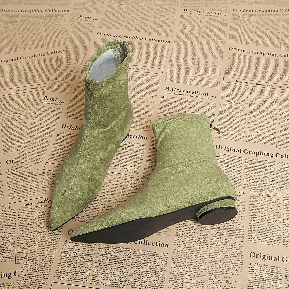 Women's Faux Suede Pointed Toe Mid-Calf Boots – Warm Flannel Lining, Low Heel