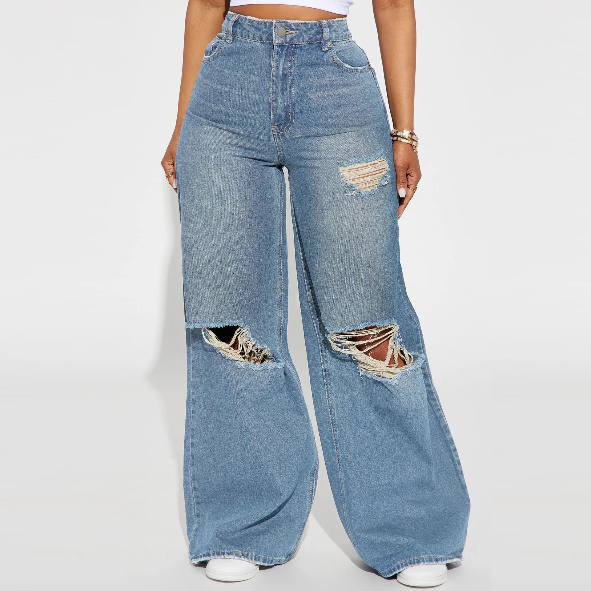 Wide-leg Jeans Washed Holes Loose Casual Floor-length Jeans Women LADYLYS