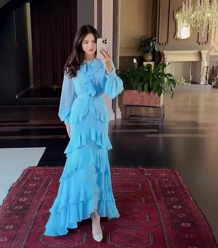 Women's Elegant Layered Ruffle Maxi Dress with Long Sleeves and Belt