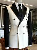 Men White Vertical Pinstripe Double Breasted Blazer Black Satin Lapel Contrast Black Sleeves Slim Fit Wedding Groom Formal Tuxed LADYLYS