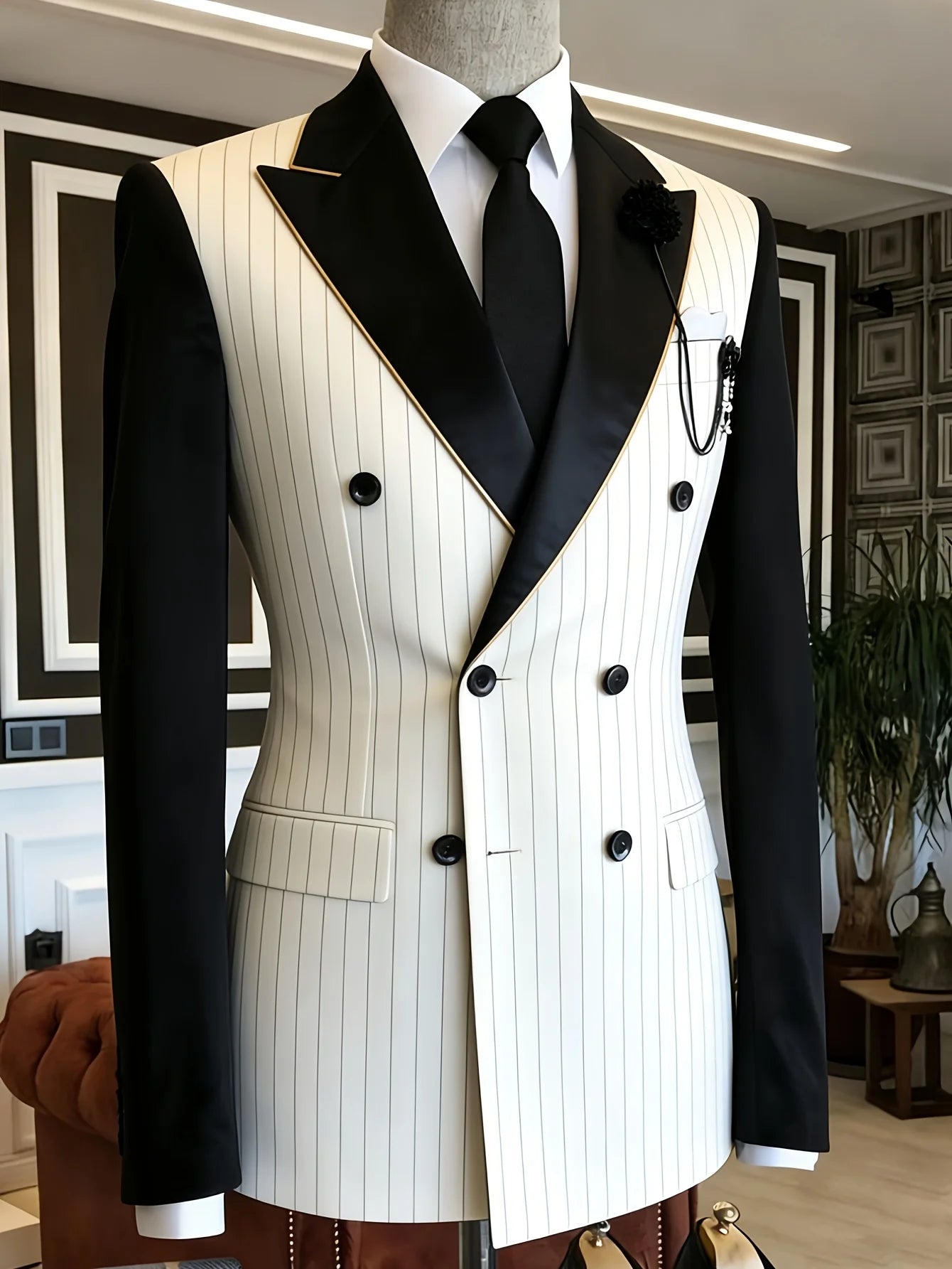 Men White Vertical Pinstripe Double Breasted Blazer Black Satin Lapel Contrast Black Sleeves Slim Fit Wedding Groom Formal Tuxed LADYLYS