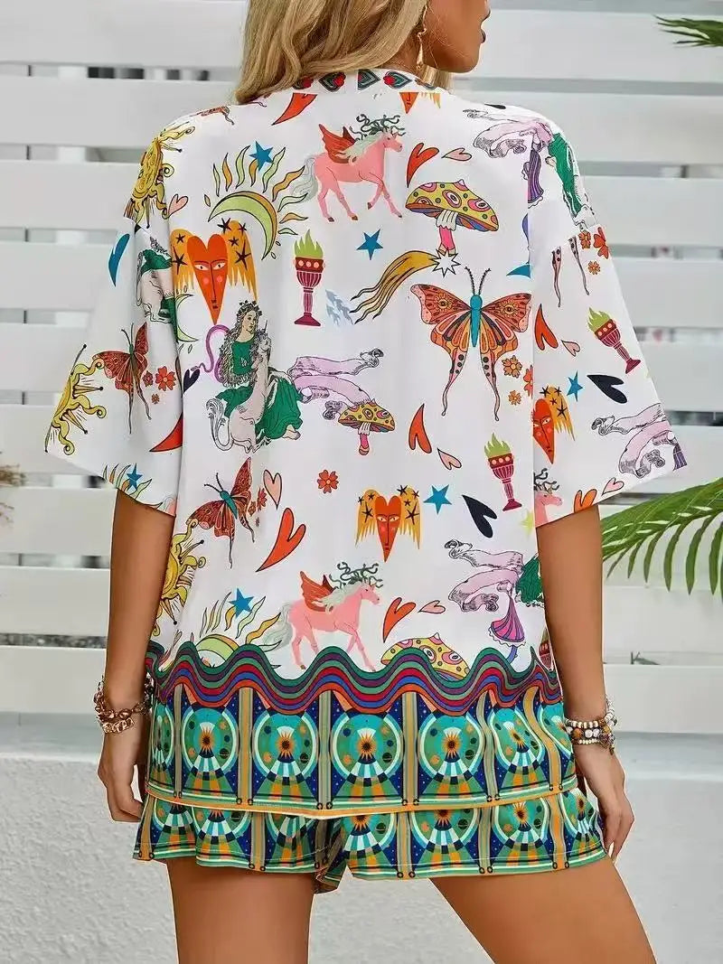 Casual Printed Cardigan Short-sleeved Top Shorts Two-piece Set LADYLYS