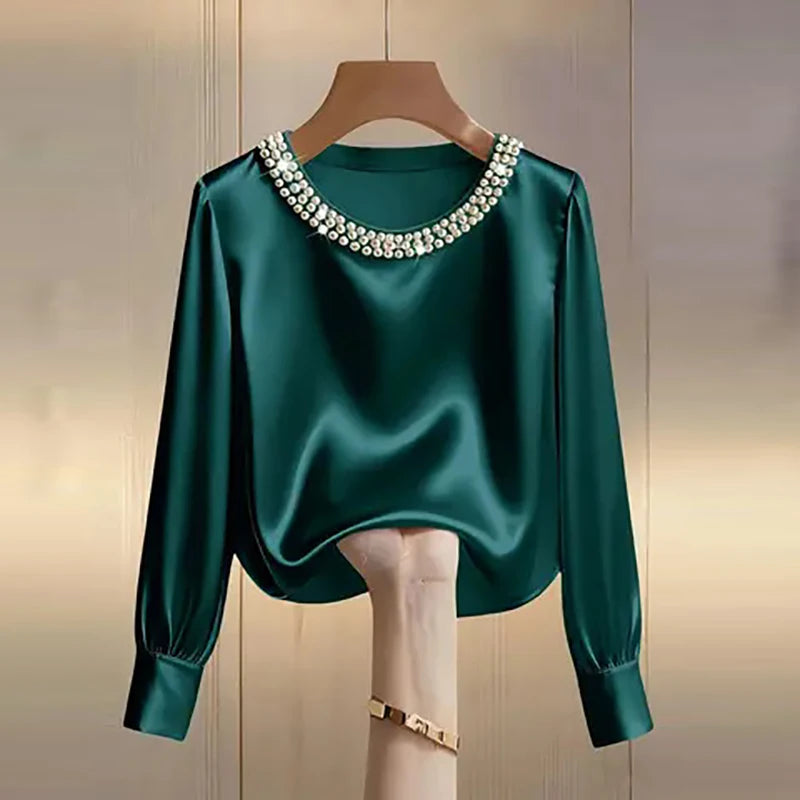 Elegant Satin Shirt Women Spring Autumn Bead Design Long Sleeve Silk Blouse Women Fashion O Neck Loose Pullover Tops LADYLYS
