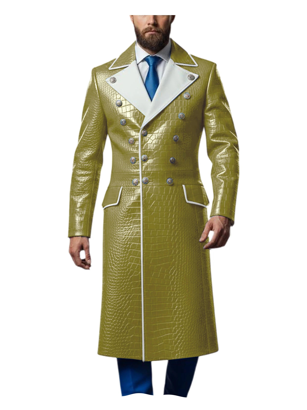 Men's Croc-Embossed Faux Leather Double-Breasted Overcoat with Contrast White Lapels