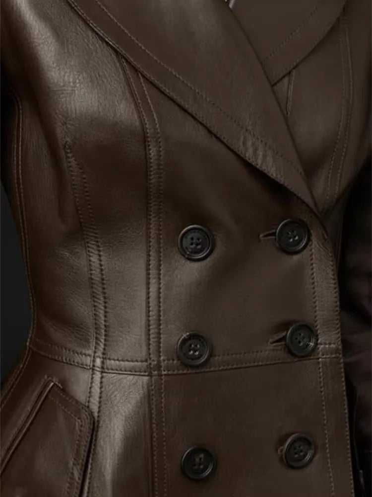 Women's Fitted Faux Leather Blazer – Double-Breasted, Elegant Office Jacket