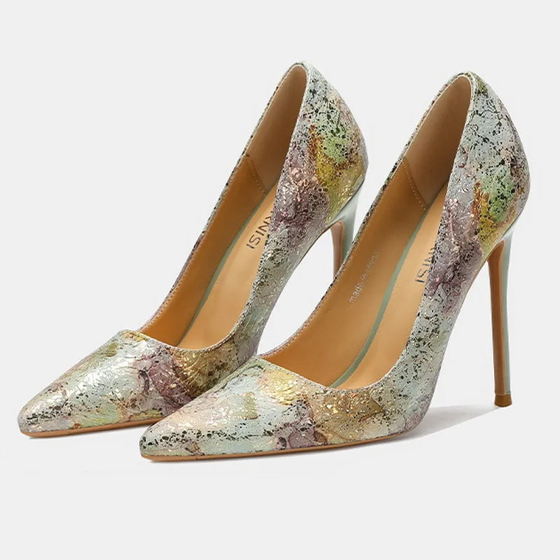 Women Cowhide High Heel Shoes Printed Leather Versatile Pumps LADYLYS