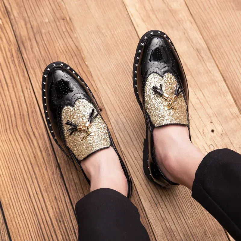 Men's Sequin Loafers in Black & Black Gold