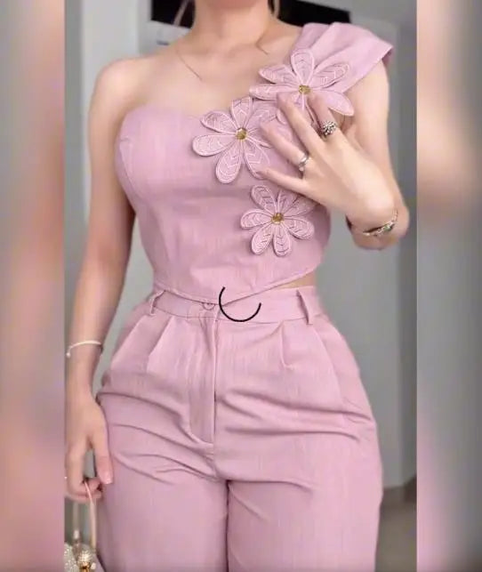 Rhinestone 3D Floral 2-Piece Set – Glamorous Women's Evening Outfit