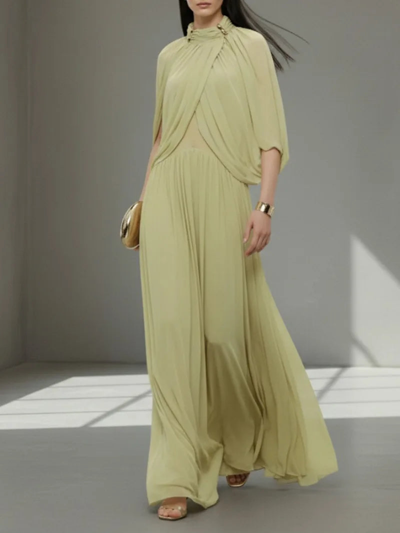 Chic Chiffon Pleated Maxi Dress Women Elegant Flutter Sleeve Turtleneck LADYLYS