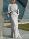 Grey Backless A-Line Maxi Dress with Batwing Sleeves