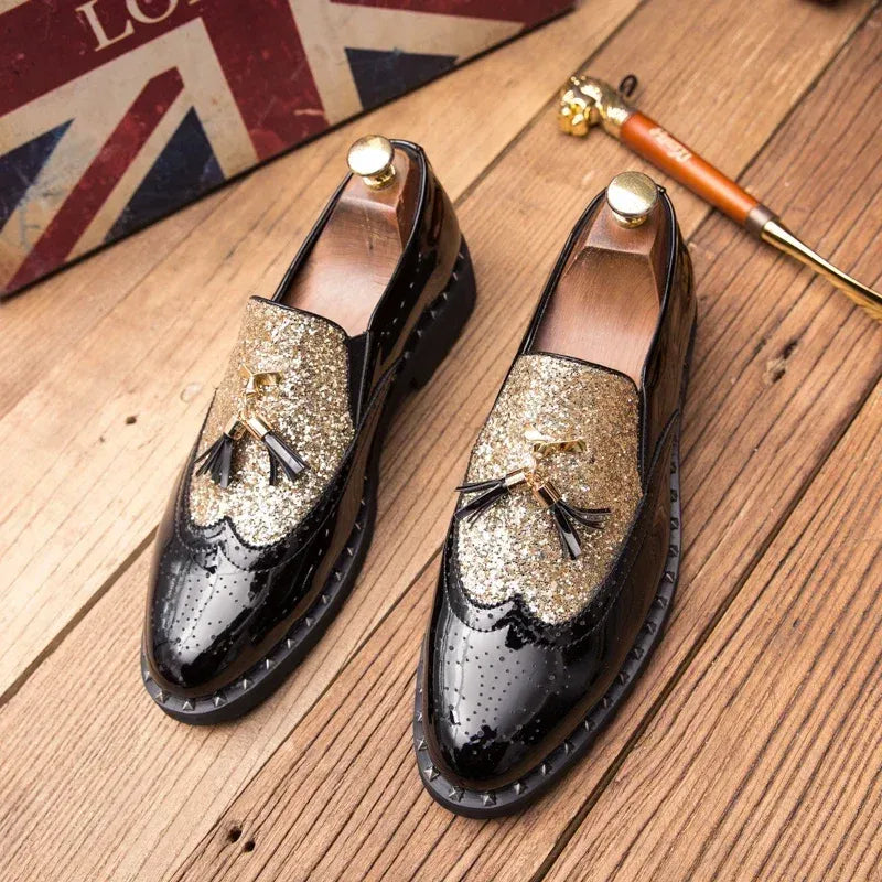 Men's Sequin Loafers in Black & Black Gold