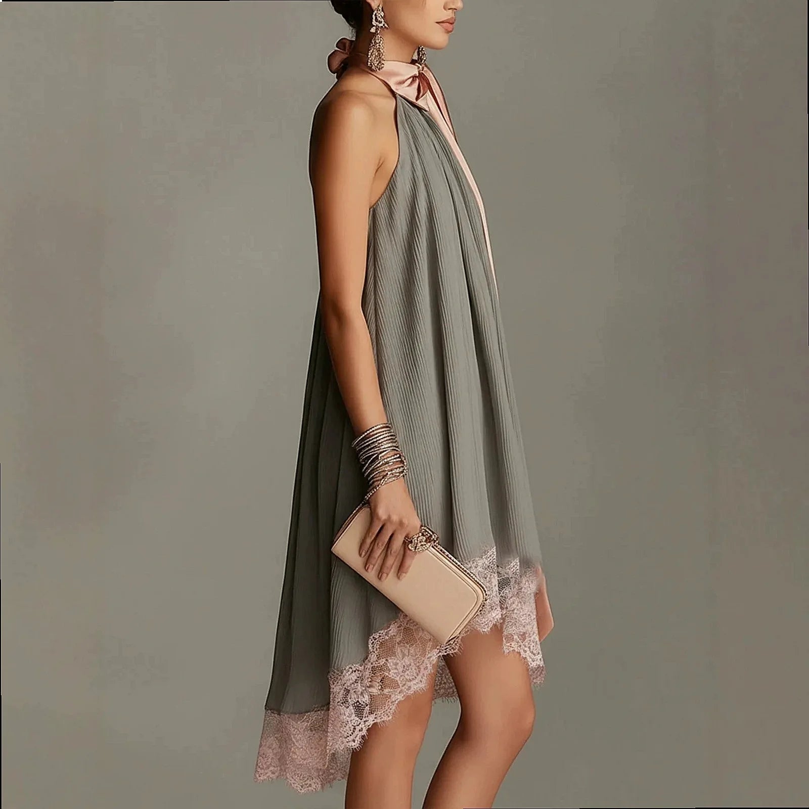 High Neck Irregular Chiffon Dress Dresses Tie Bow Flowy Long Dress Spring Summer LADYLYS