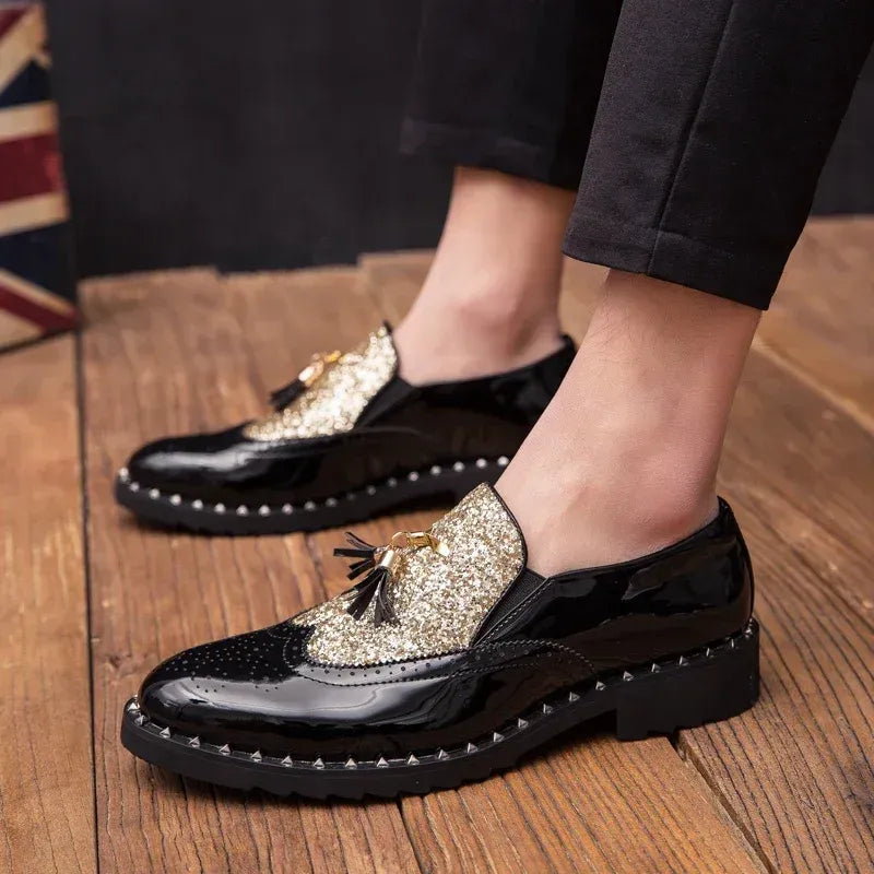Men's Sequin Loafers in Black & Black Gold
