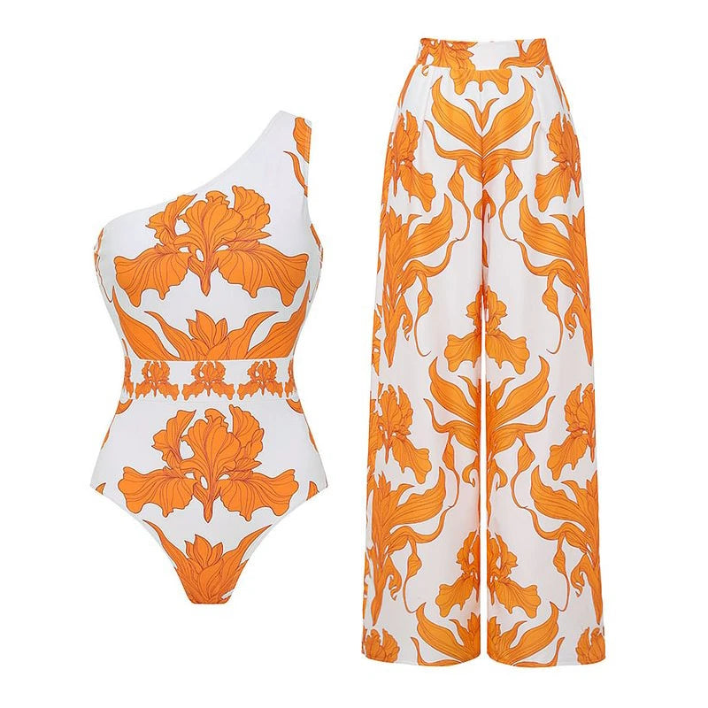 Elegant Summer Women One Shoulder Iris Print One Piece Swimsuit and Pants LADYLYS