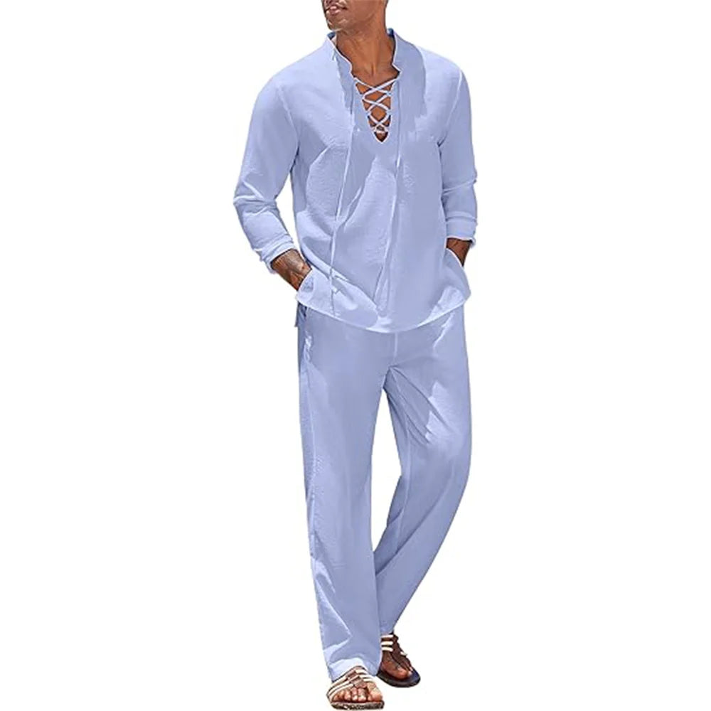 2pcs Set Men's Cotton Linen Shirt and Pants Suits LADYLYS