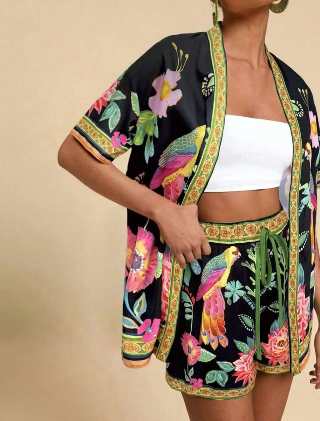 Casual Printed Cardigan Short-sleeved Top Shorts Two-piece Set LADYLYS
