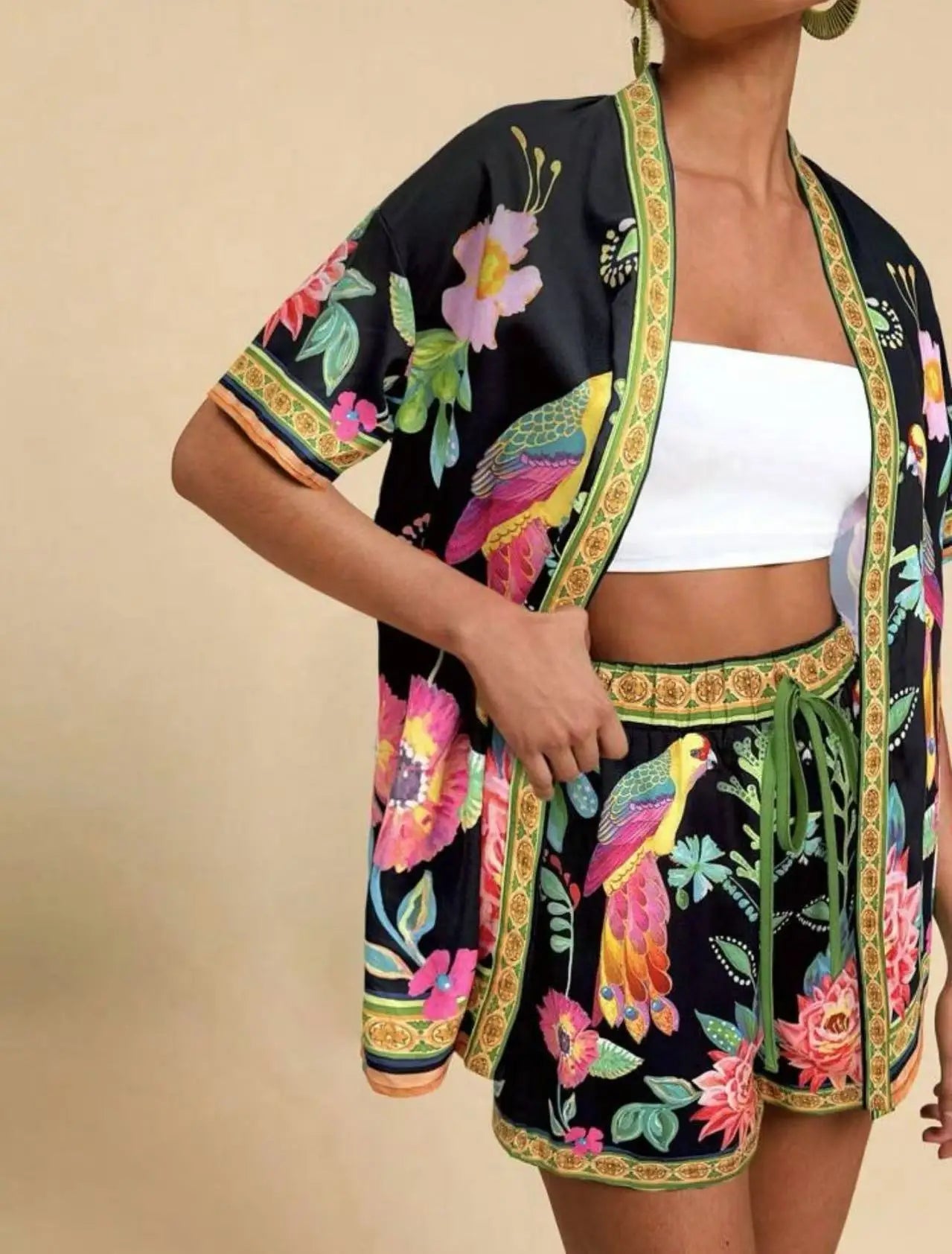 Casual Printed Cardigan Short-sleeved Top Shorts Two-piece Set LADYLYS