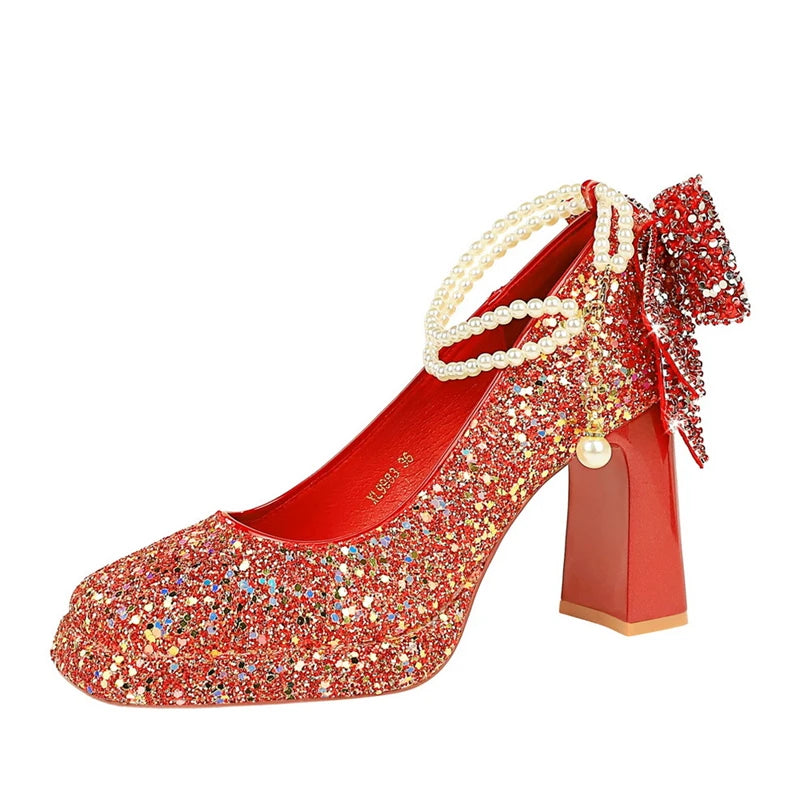 Banquet New Sweet Pearl One-Length High Heels Rhinestone Bow Square Head Waterproof LADYLYS