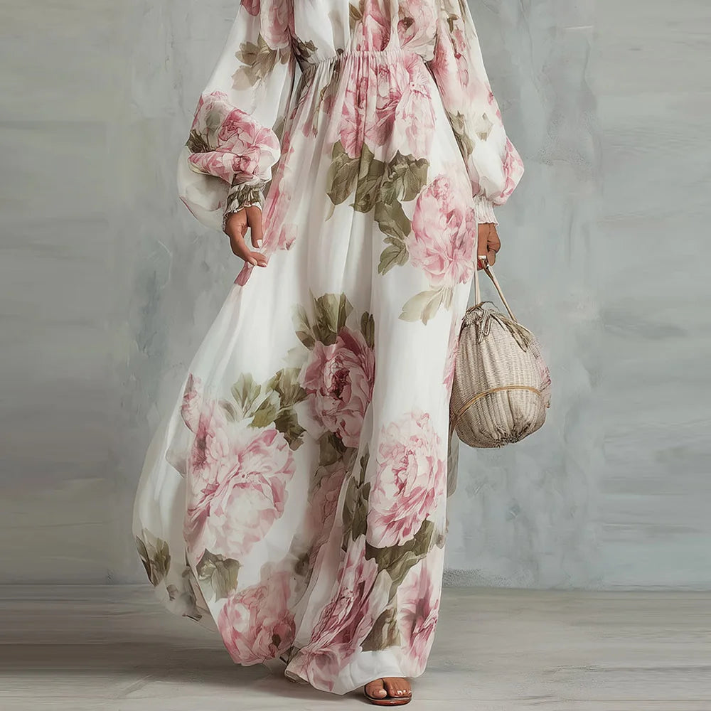 Women's Printed Slash-Neck Midi Dress