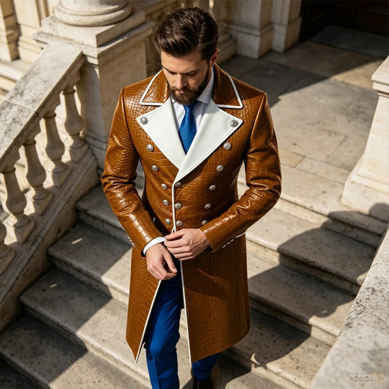 Men's Croc-Embossed Faux Leather Double-Breasted Overcoat with Contrast White Lapels