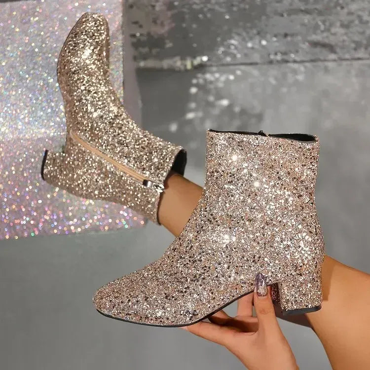 Women's Sparkly Mid-Calf Boots with Block Heels
