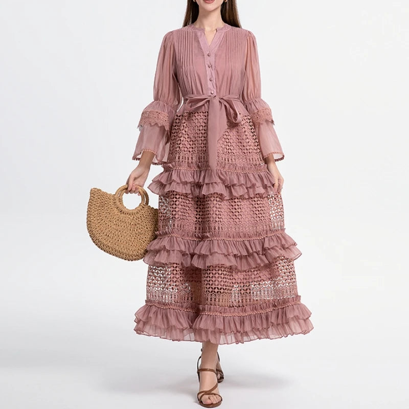 Lace Hollow-Out A-Line Dress – V-Neck, Flare Sleeves & Bandage Detail