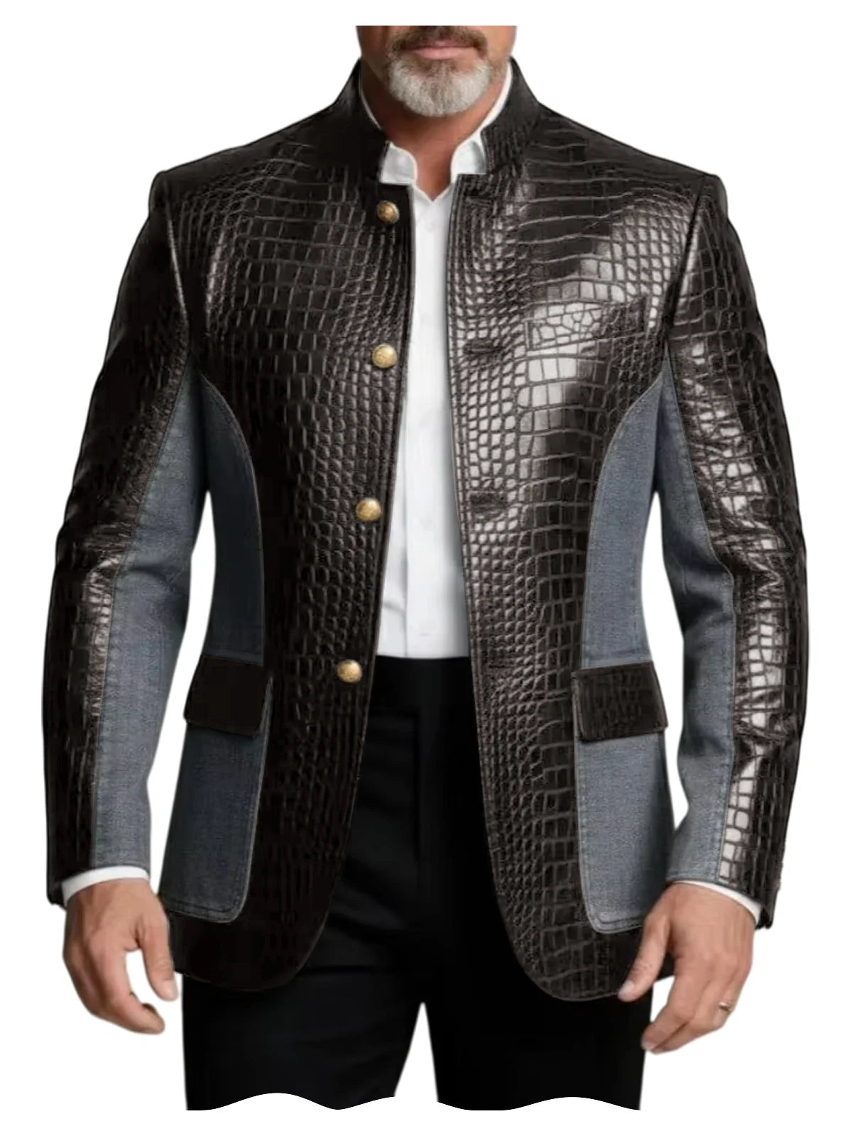 Men's Crocodile Embossed Leather Brown Jacket Patchwork Denim Luxury PU LADYLYS