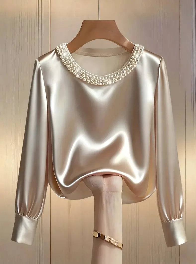 Elegant Satin Shirt Women Spring Autumn Bead Design Long Sleeve Silk Blouse Women Fashion O Neck Loose Pullover Tops LADYLYS