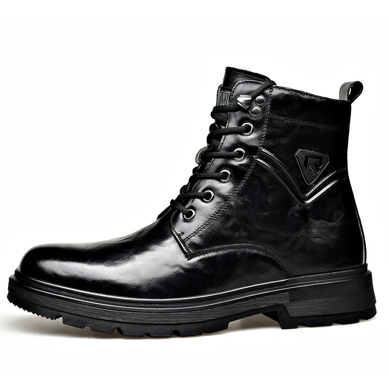 Men's Genuine Leather Platform Ankle Boots – Lace-Up Wool-Lined Waterproof Work Boots