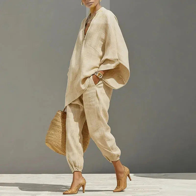 Female Clothing Two Piece Set Spring V Neck Loose Top Pullover & Long Pants Vintage LADYLYS