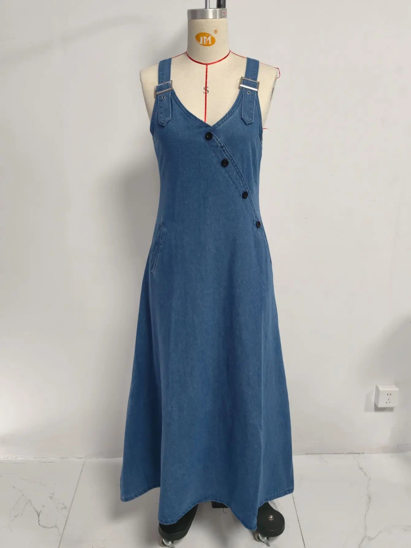 Women Denim Suspender Dress Sleeveless Overall Dresses Distressed Backless V Neck Button Washed Vestidos Summer Sundress A Line LADYLYS