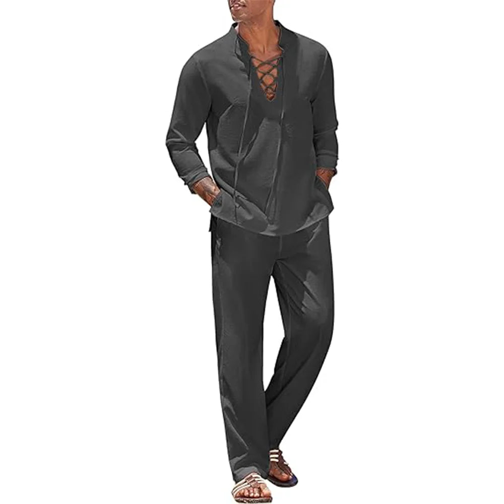 2pcs Set Men's Cotton Linen Shirt and Pants Suits LADYLYS