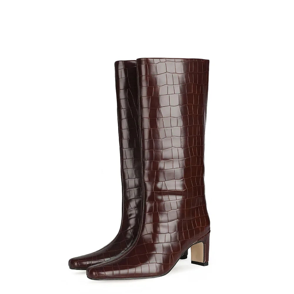 Women's Patent Leather Knee-High Boots – Thick Square Heel Slip-On Winter Boots in 21 Colours