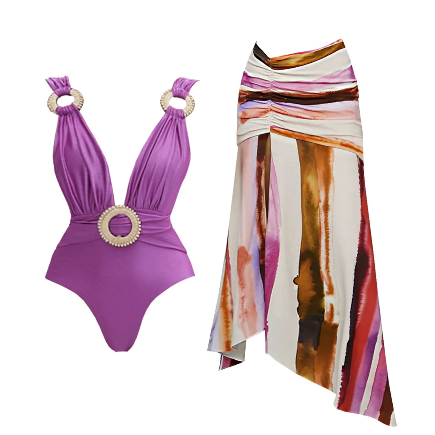 2Pcs Striped Swimsuit With Long Skirt Sexy Women Bikini Push Up Swimwear Halter LADYLYS