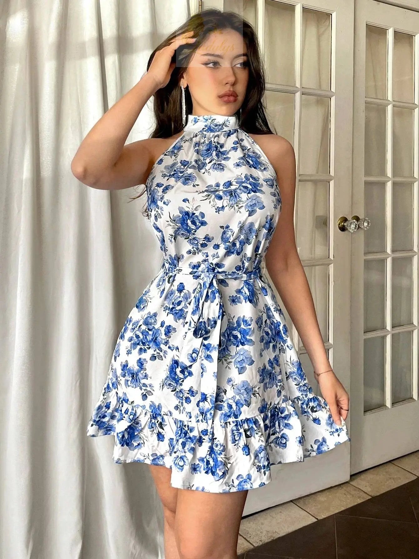 Elegant Floral Print Sleeveless Dress with Ruffle Hem LADYLYS