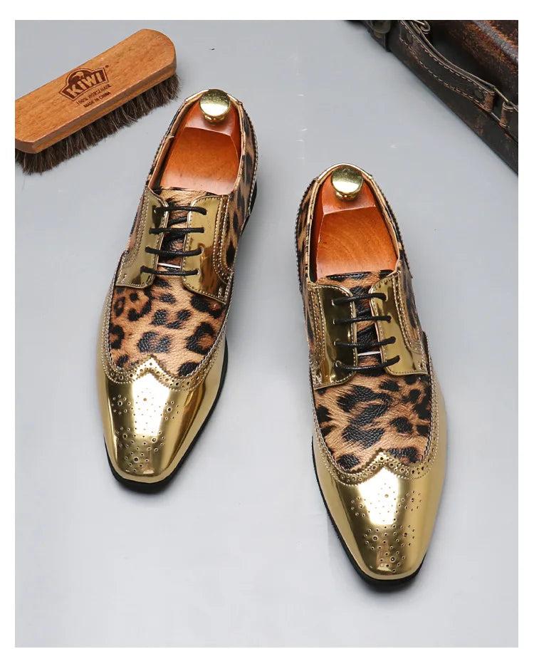 Men's Luxury Leopard Print Oxford Shoes — Gold & Silver Brogues LADYLYS
