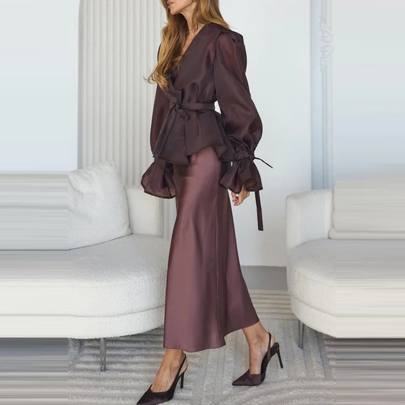 Solid Color Mesh Banquet Suit Ladies Temperament Office 2pc Setes Sexy V-neck Flared Sleeve Top + Dress Women's Outfits LADYLYS