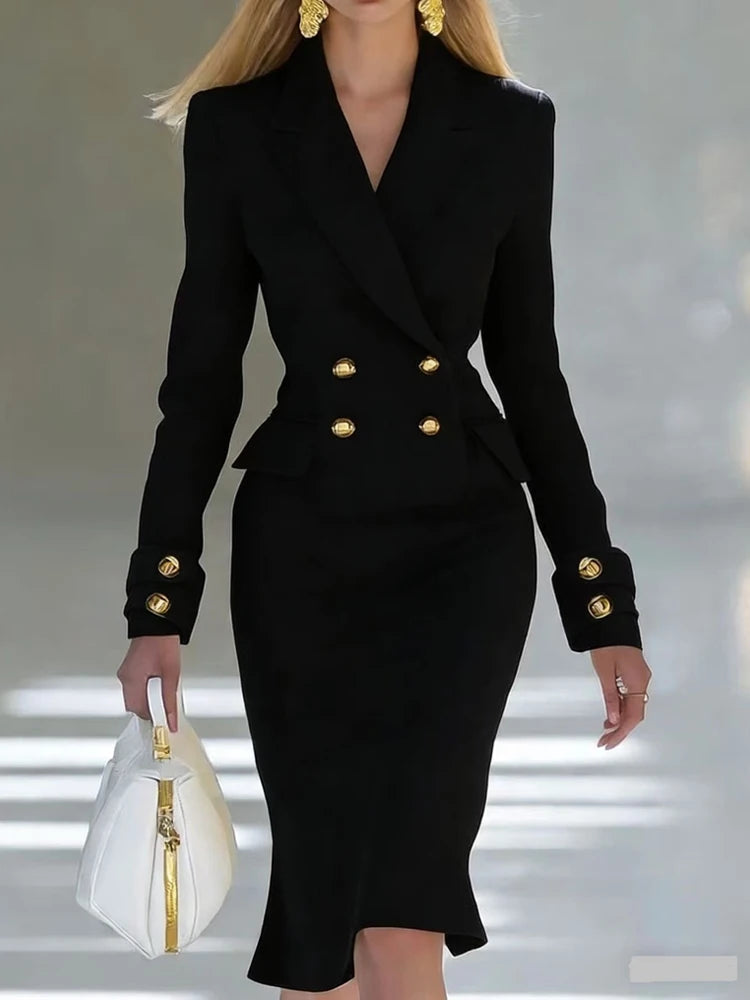 Elegant V-neck Double breasted Blazer Dress Fashion Commute Hight Waist Solid LADYLYS