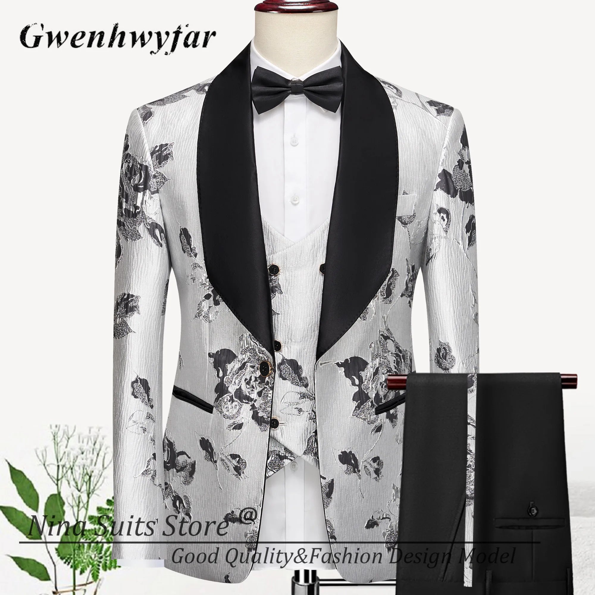 Men Suits Cashew Flower Jacquard Tuxedos Groom Wear Formal Party Suit LADYLYS