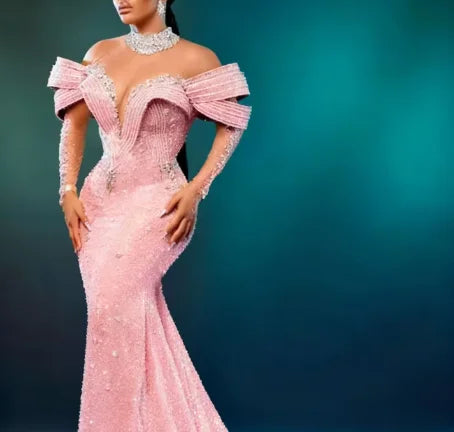 Aso Ebi Luxury Silver Lace Beaded Evening Dresses LADYLYS
