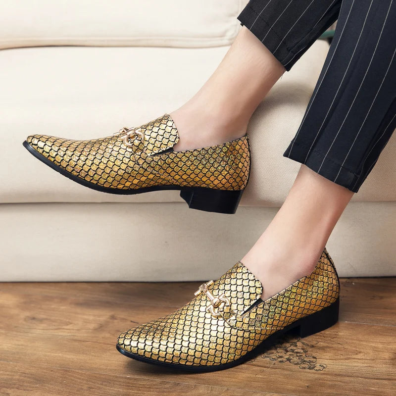 High-end banquet shoes, luxurious gold, pointed toe in genuine leather, large sizes: 38-48 LADYLYS